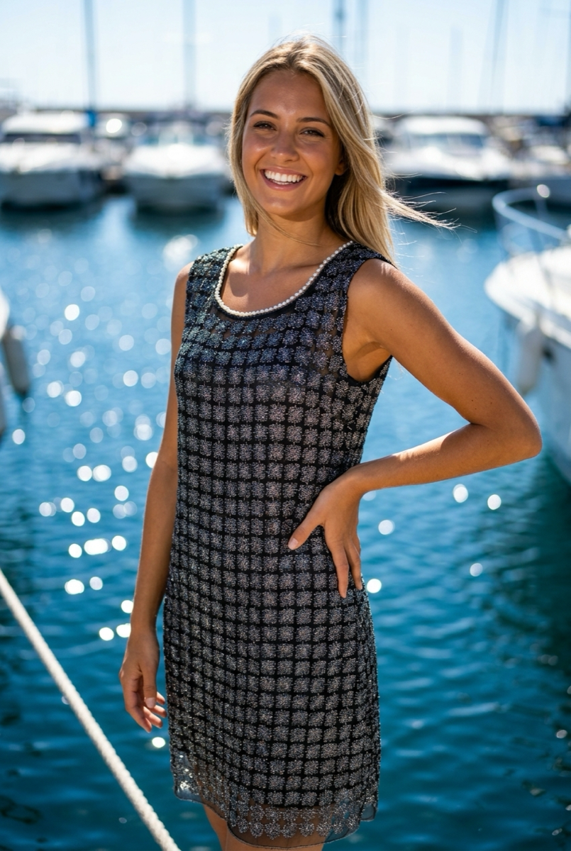 Lace Organza sleeveless Shift Dress with matching cami dress (Black)