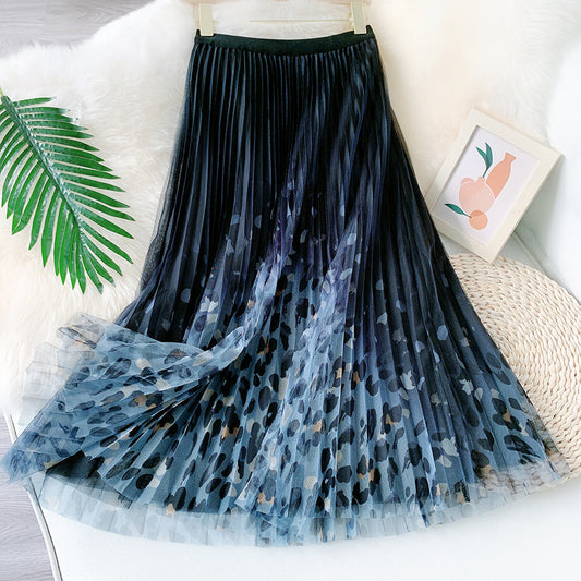 Fairy pleating mesh Skirt with Leopard print hem (Black/Blue)
