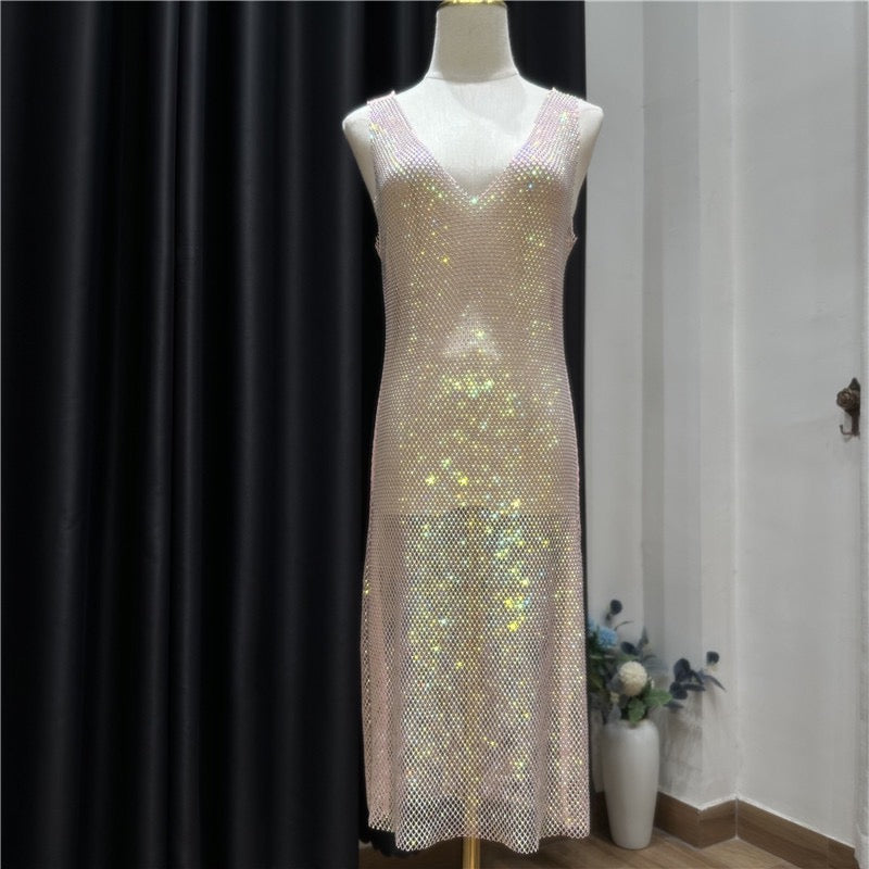 Diamond mesh V neck dress ( 5 color options)