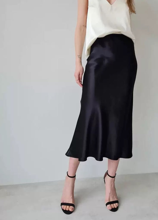 Sateen Maxi Skirt with Elastic Waistband and invisible zipper ( Black )