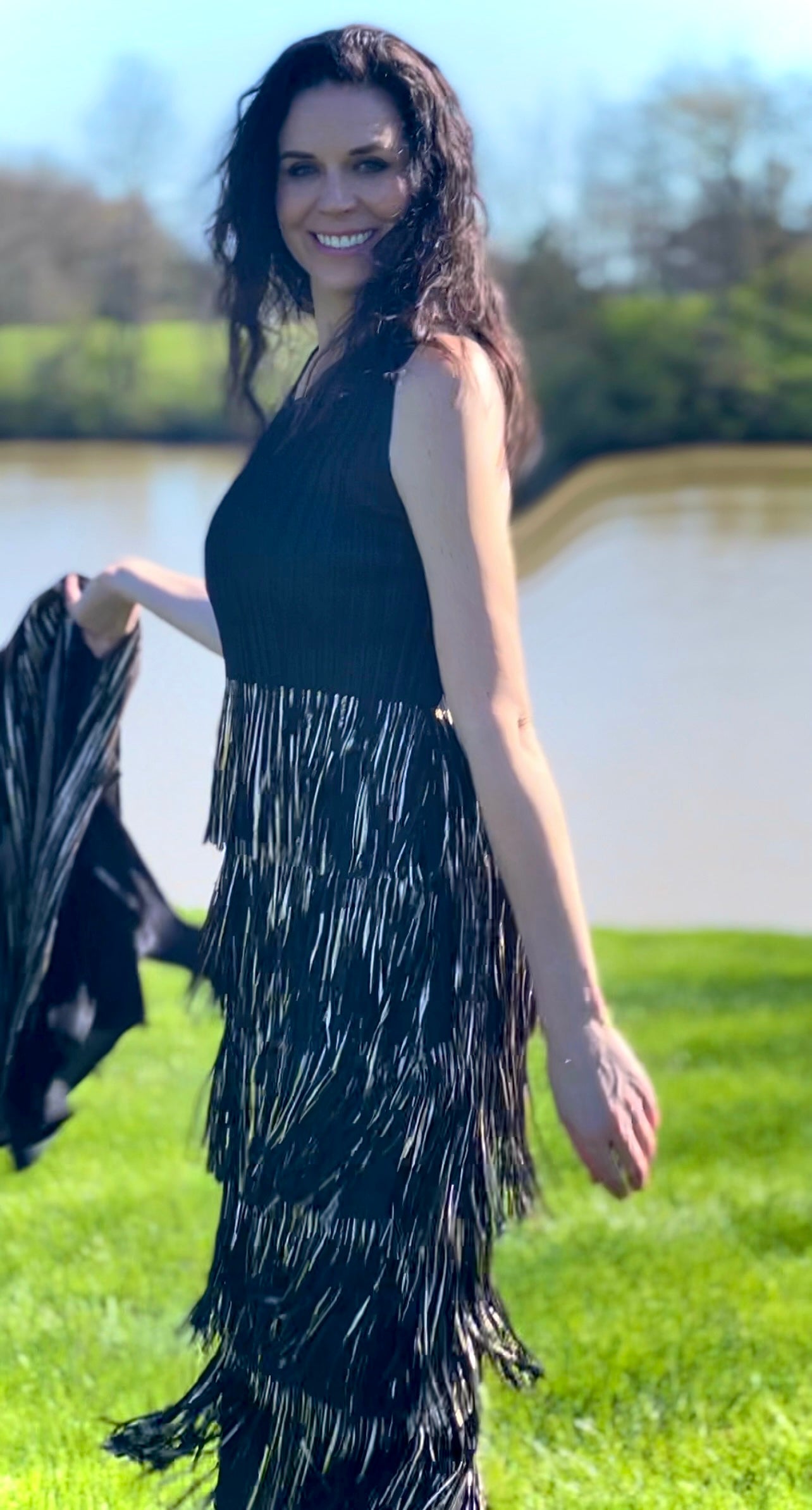 Pleating with fringe Dress set (Black/Gold)
