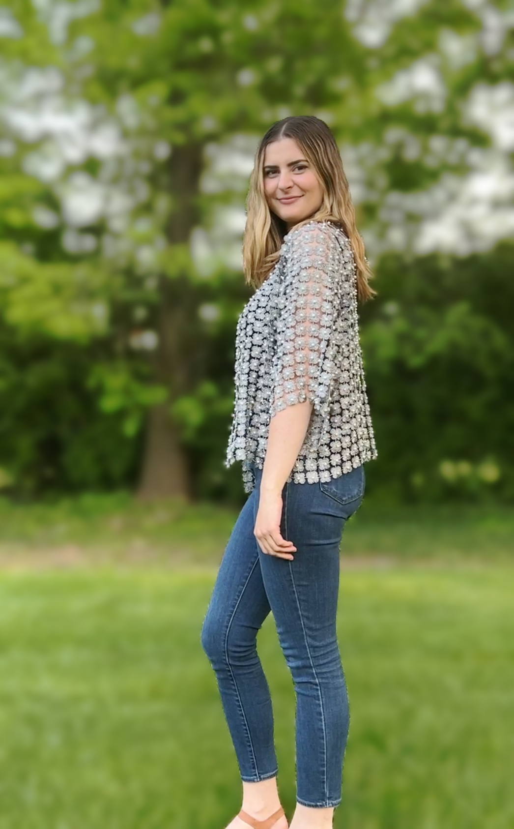 Short Lace coverup with all over Pearls attached (Silver)