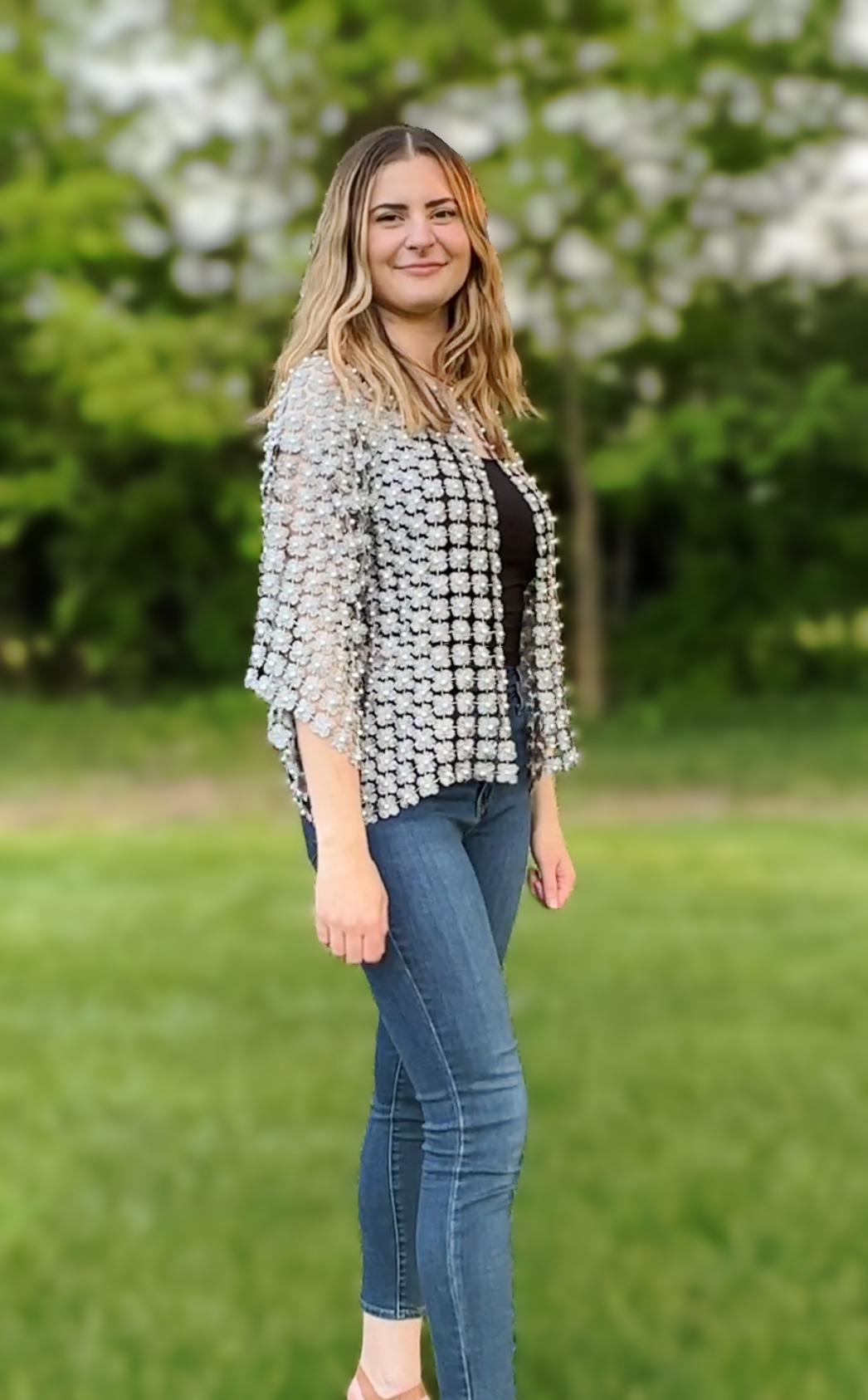 Short Lace coverup with all over Pearls attached (Silver)