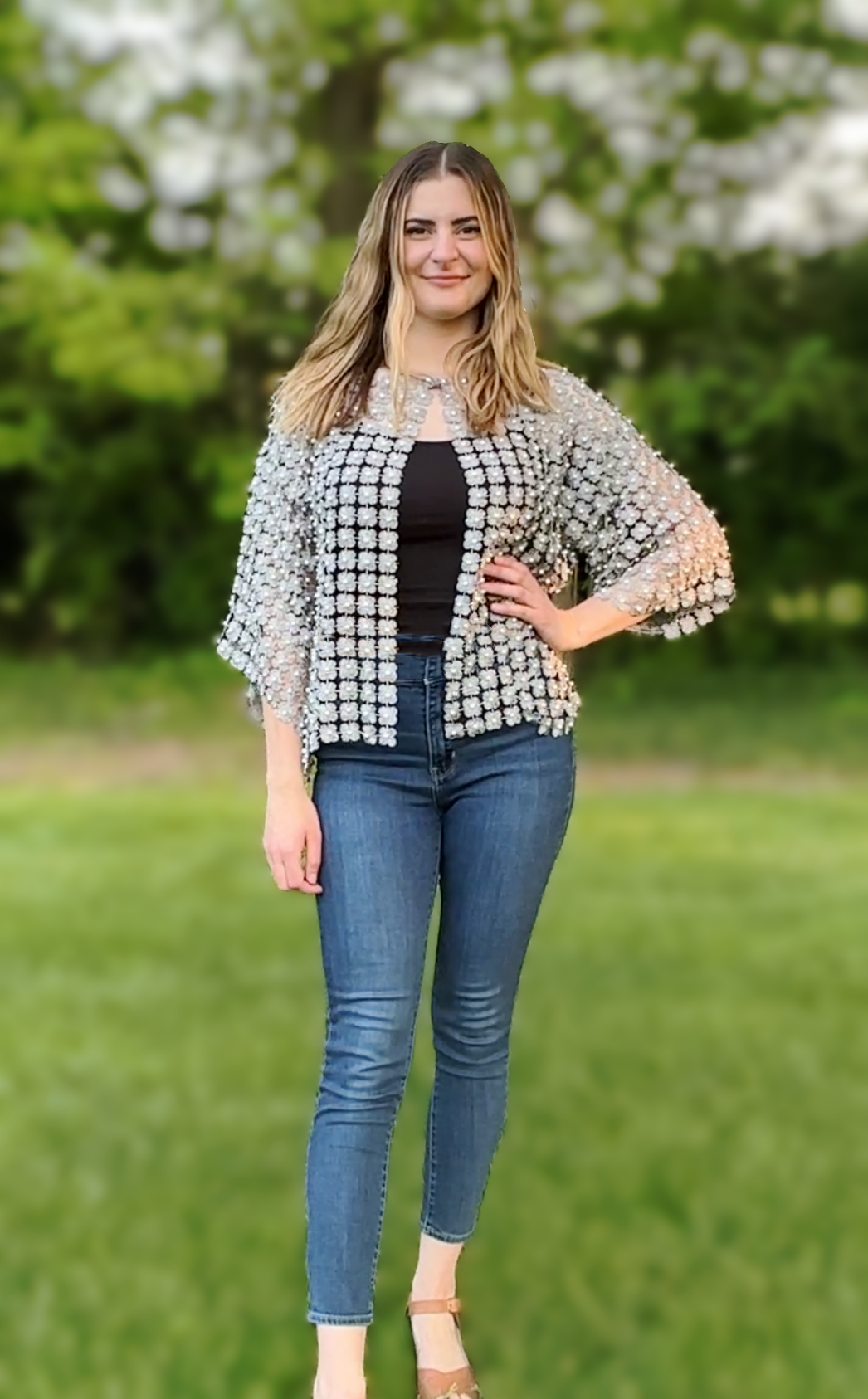 Short Lace coverup with all over Pearls attached (Silver)