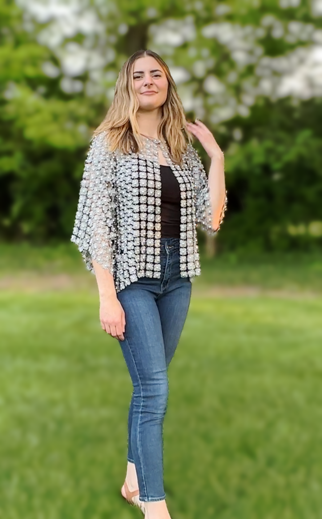 Short Lace coverup with all over Pearls attached (Silver)