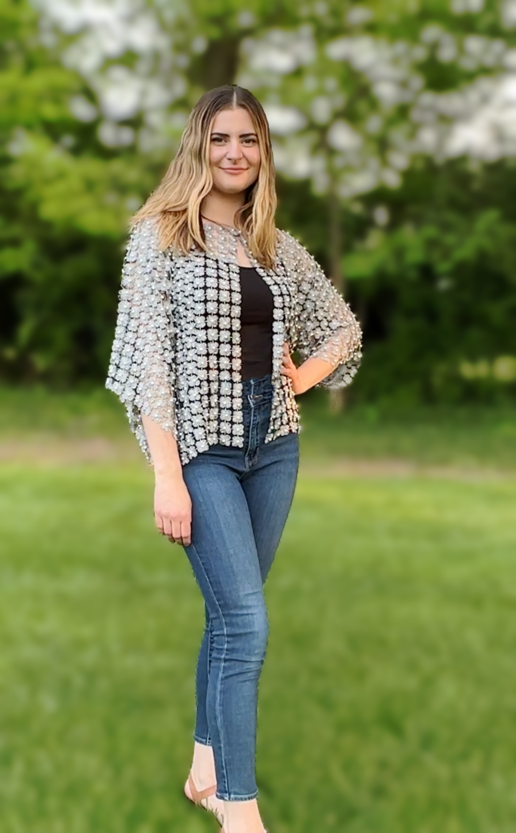 Short Lace coverup with all over Pearls attached (Silver)