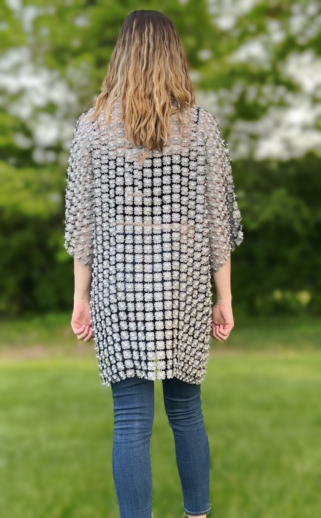 Long Lace coverup with all over Pearls attached (Silver)