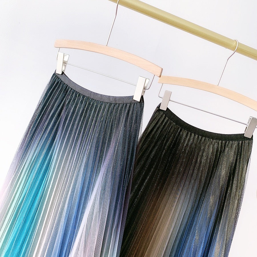 Metalic iridescent Pleating mesh Skirt (Silver/Black Green)
