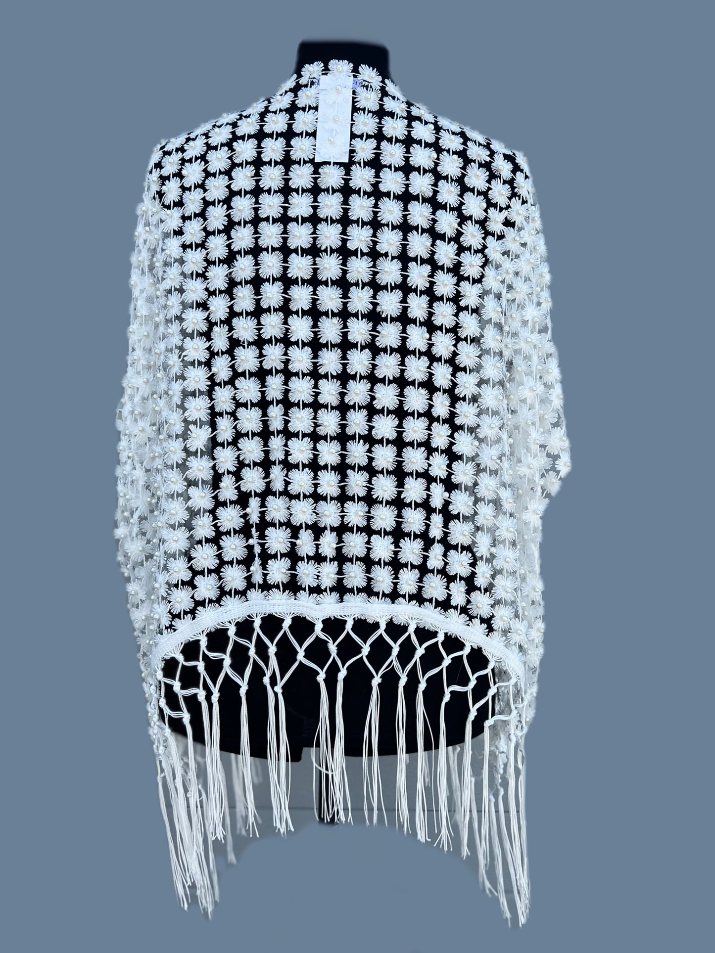 Lace coverup with all over Pearls attached and fringes (White)