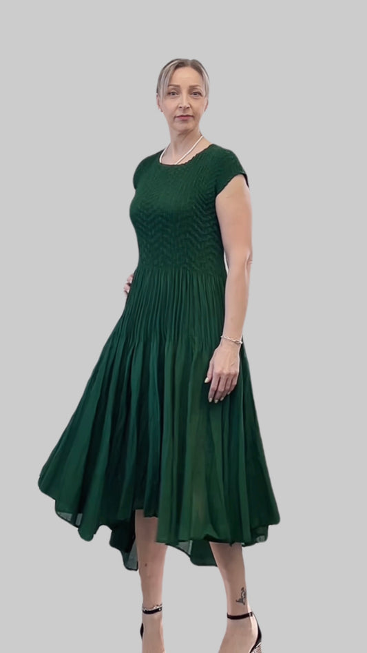 Pleated dress with Cupsleeves  ( Dark Green)