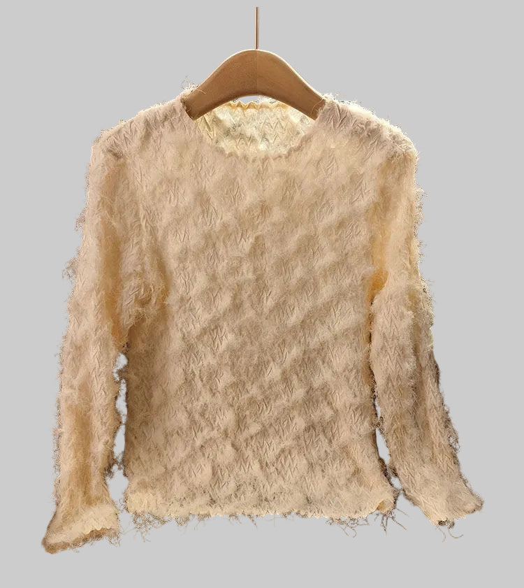 Pleating Long Sleeves Top- Cozy Fluffy (Apricot)