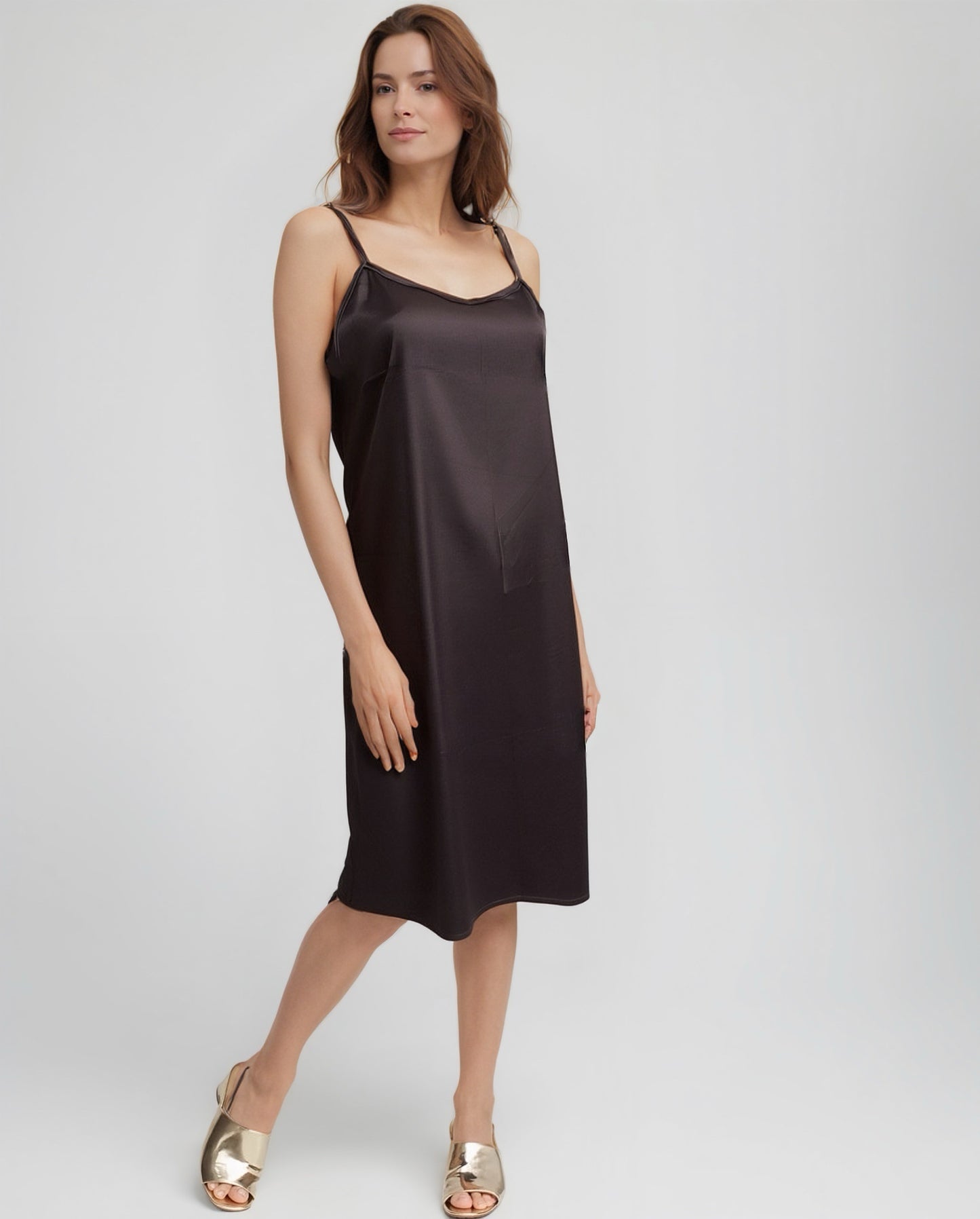 Stretch Satin Cami Dress with adjustable spaghetti straps (Black)