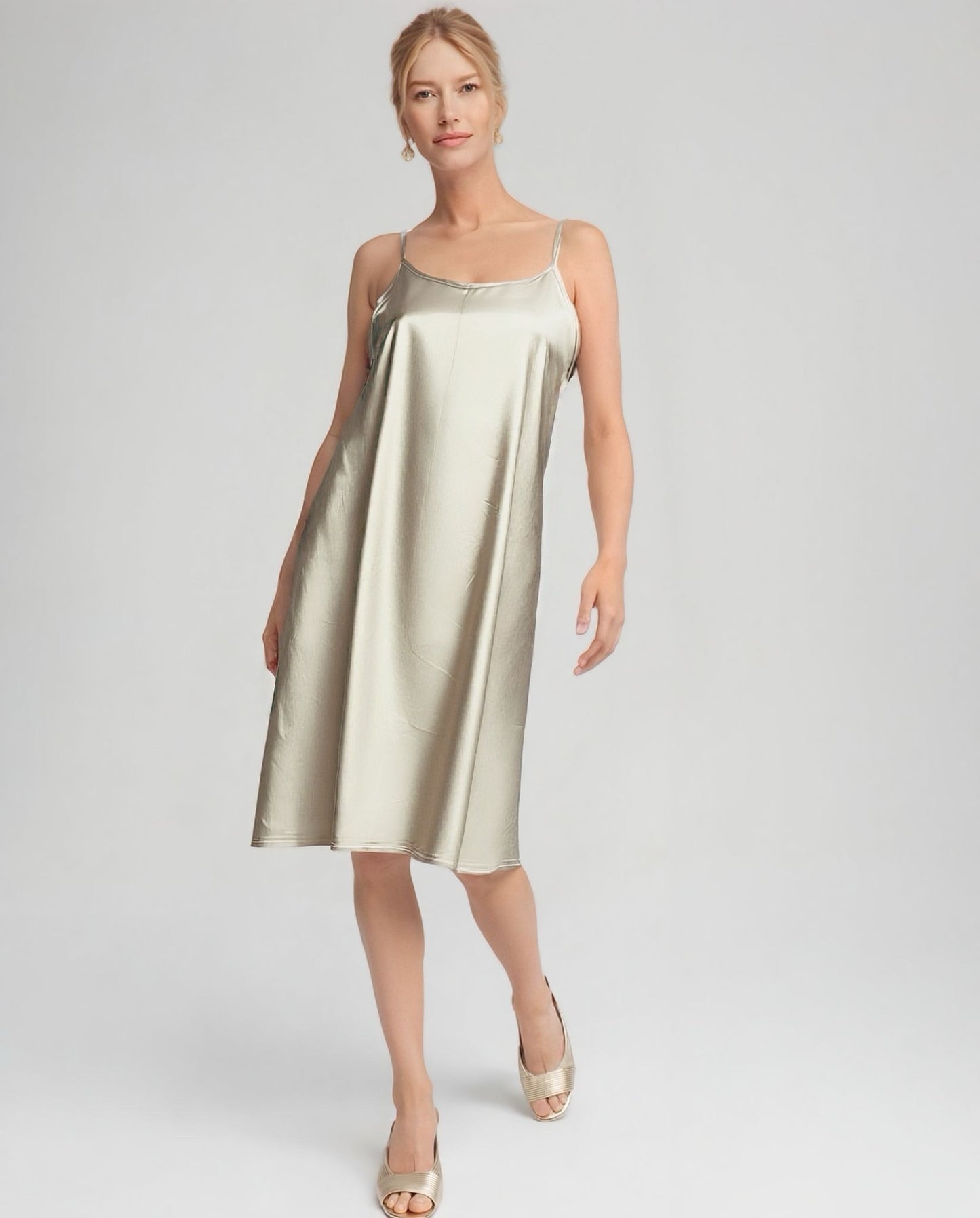 Stretch Satin Cami Dress with adjustable spaghetti straps (Ivory)