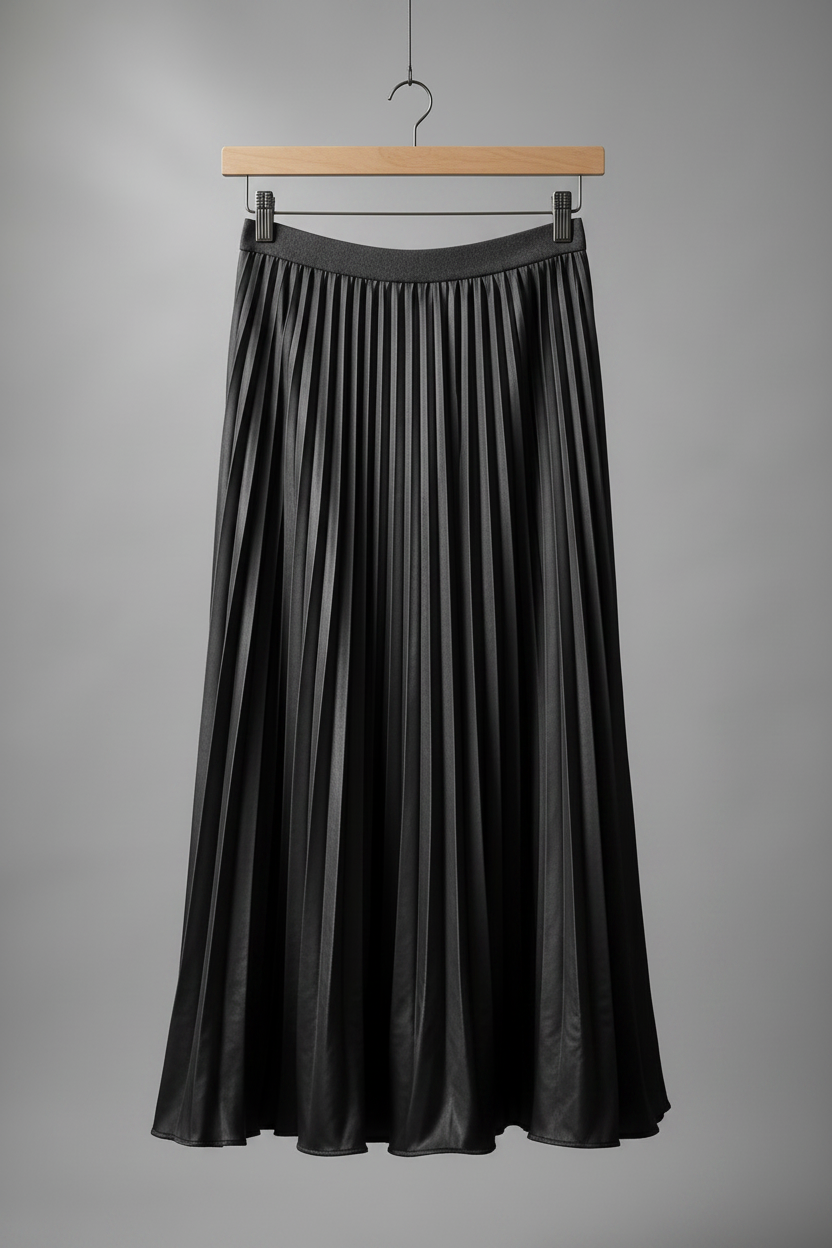 Pleating Crushed Sateen Skirt (Black)
