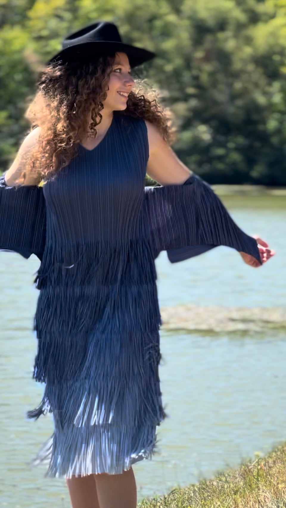 Pleating with fringe Dress set - Ombre effect (Blue)