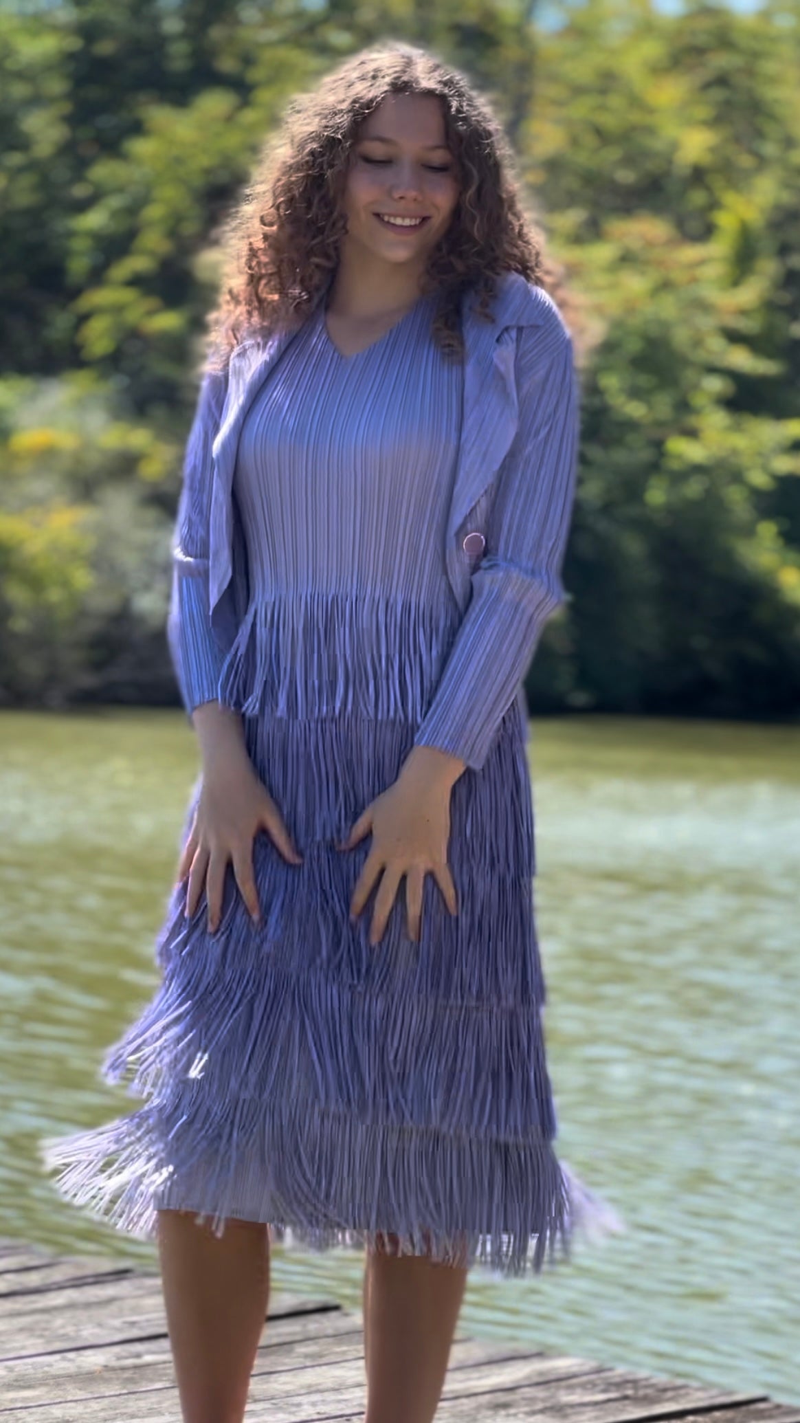 Pleating with fringe Dress set - Ombre effect (Purple)