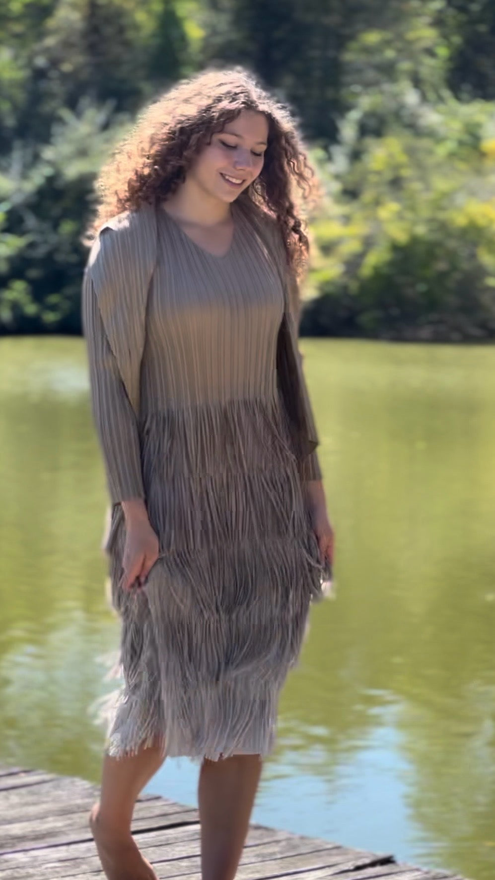 Pleating with fringe Dress set - Ombre effect (Beige)