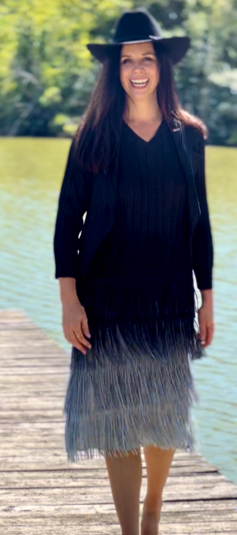 Pleating with fringe Dress set - Ombre effect (Black)