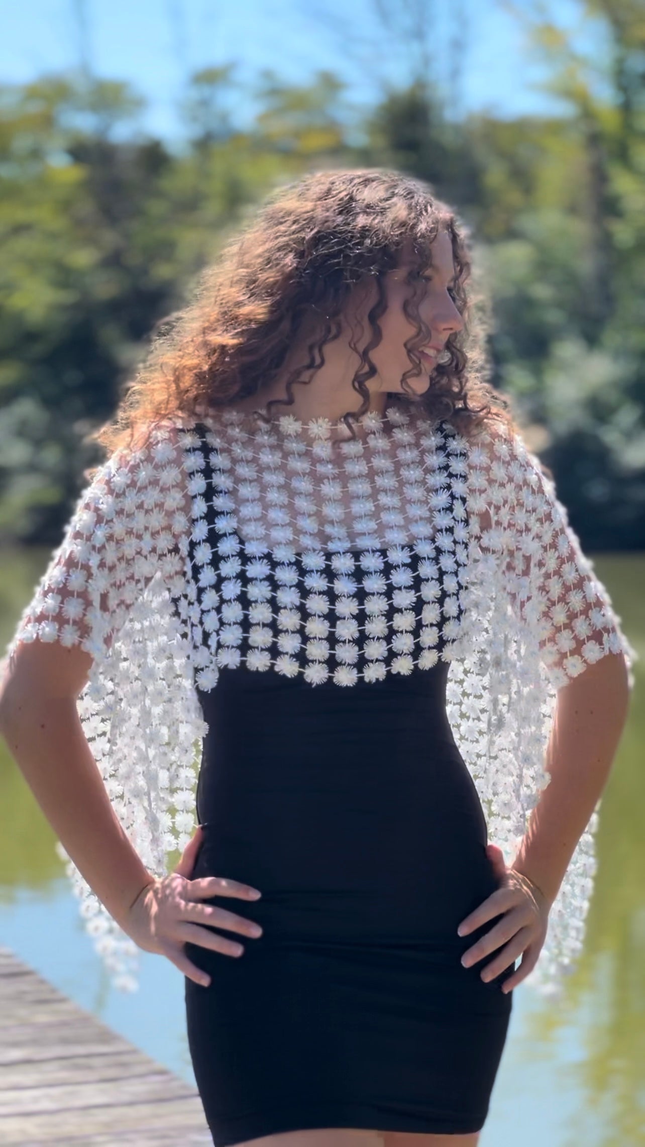 Lace Poncho with all over Pearls attached (White)