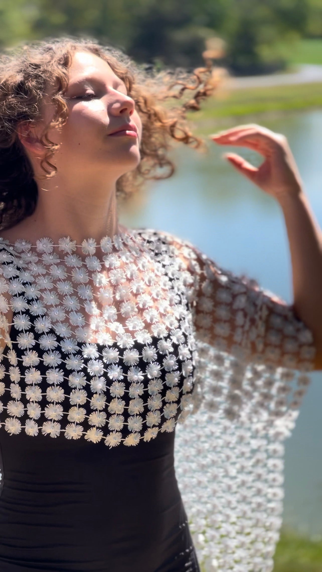 Lace Poncho with all over Pearls attached (White)
