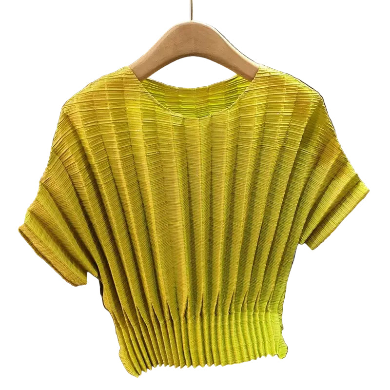 Pleating Short Sleeves Top- Dual Fold - Lime
