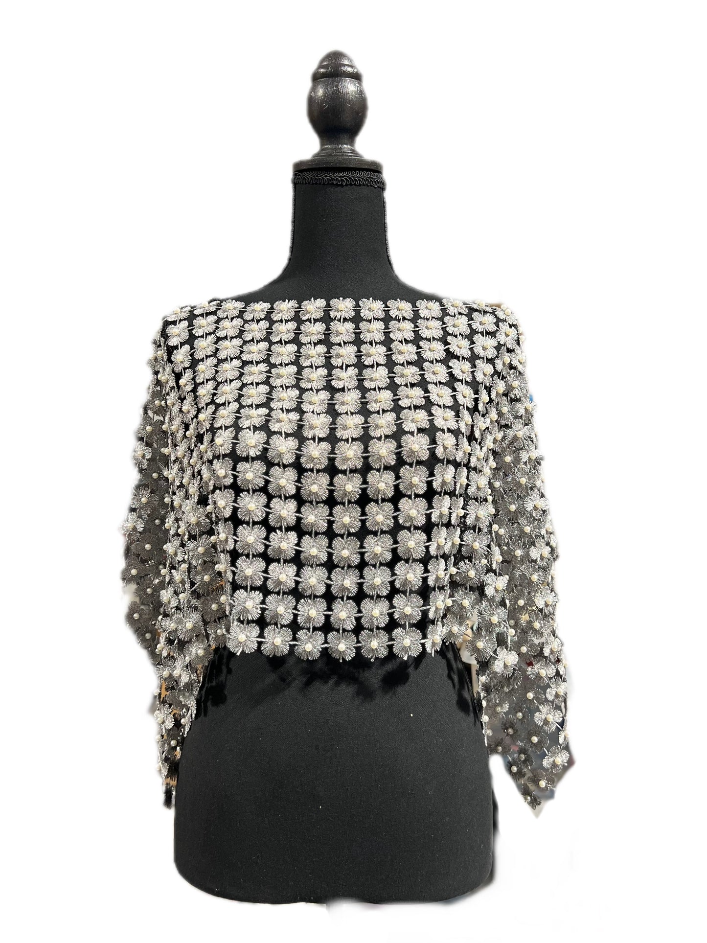 Lace Poncho with all over Pearls attached (Silver)