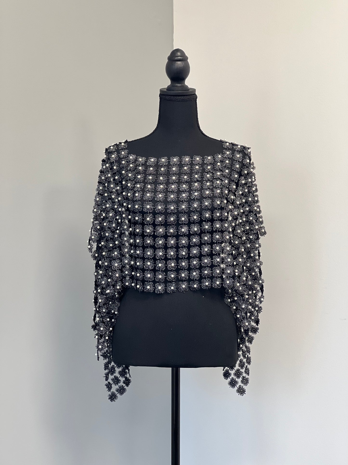 Lace Poncho with all over Pearls attached (Black)