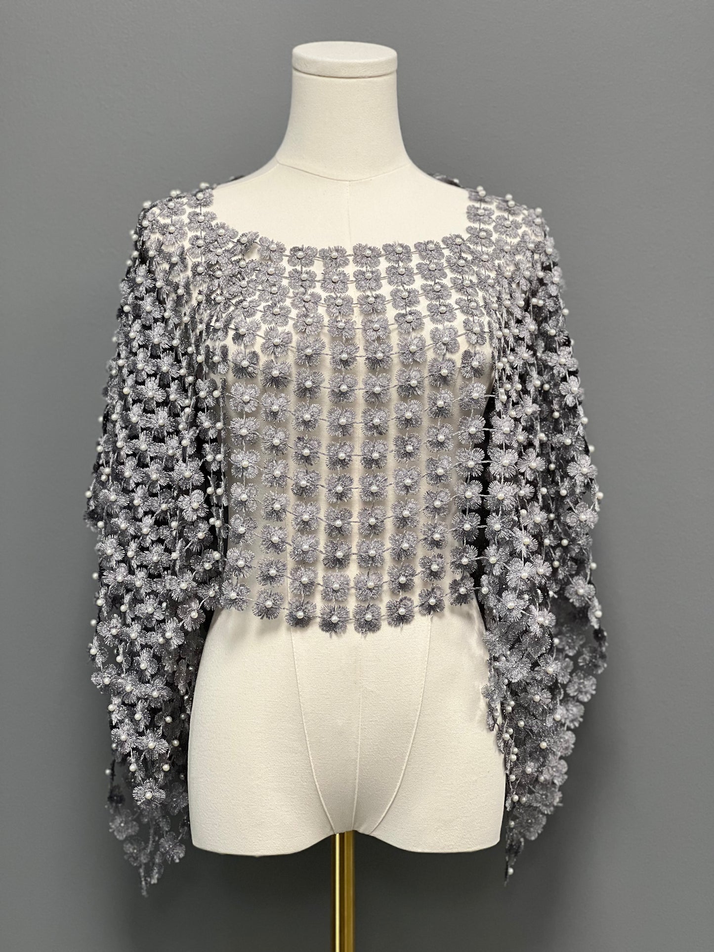 Lace Poncho with all over Pearls attached (Silver)