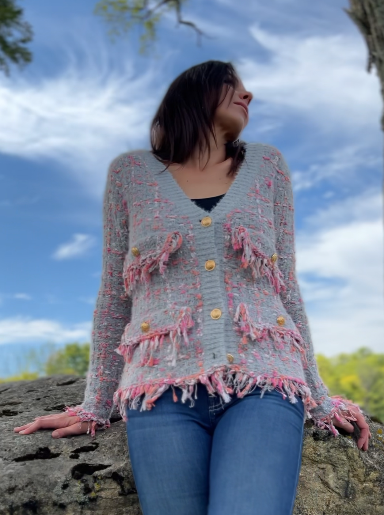 Sweater knit Tweed Jacket (Grey.pink)