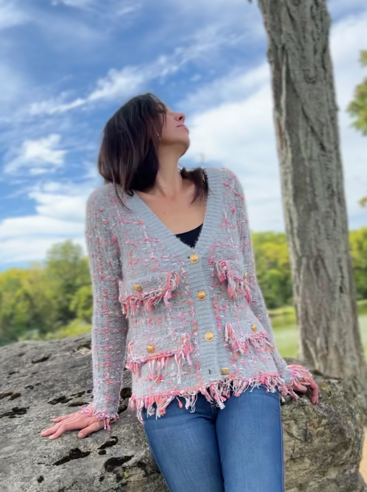 Sweater knit Tweed Jacket (Grey.pink)