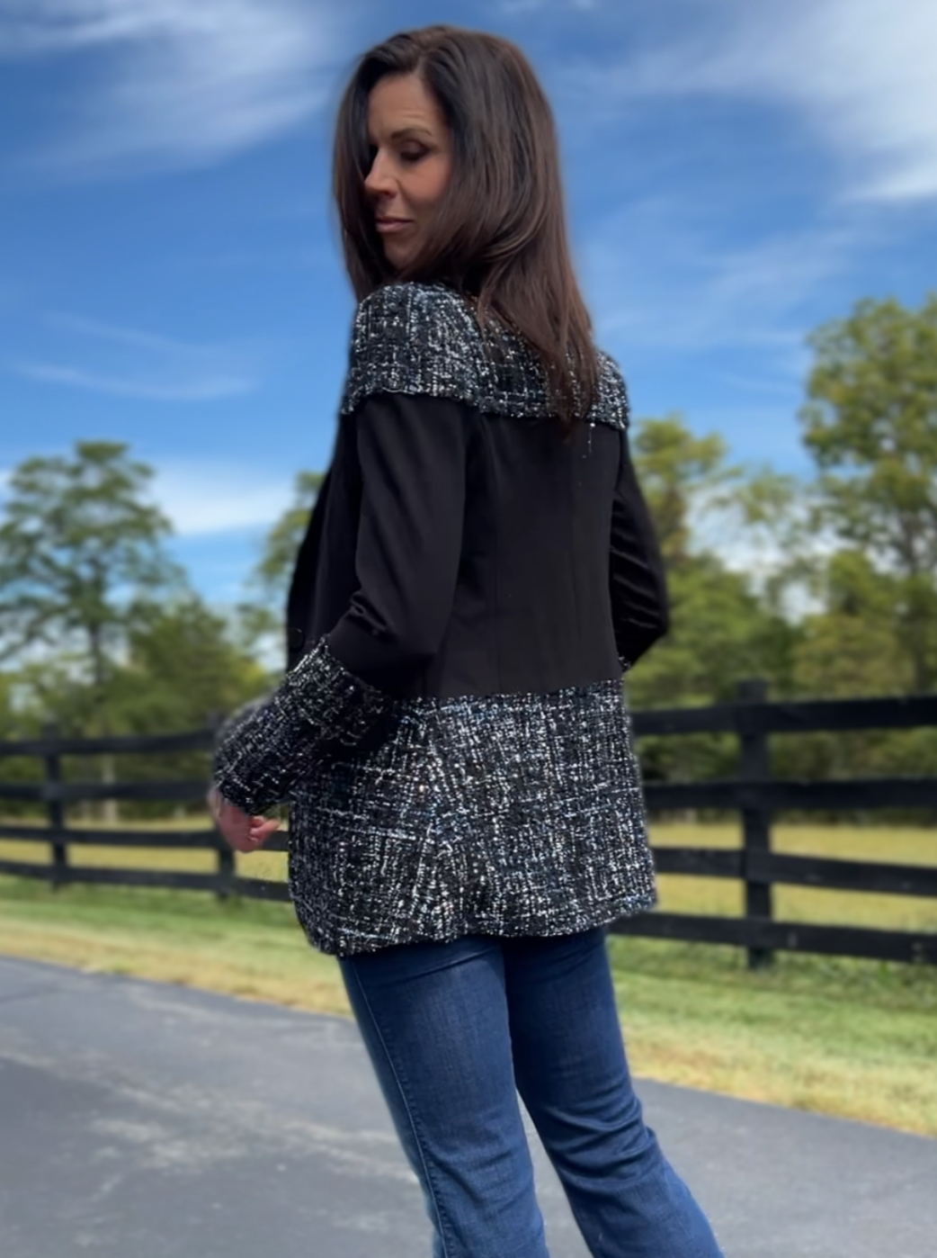 Blazer Tweed Ponte Sandwich Jacket (Black)