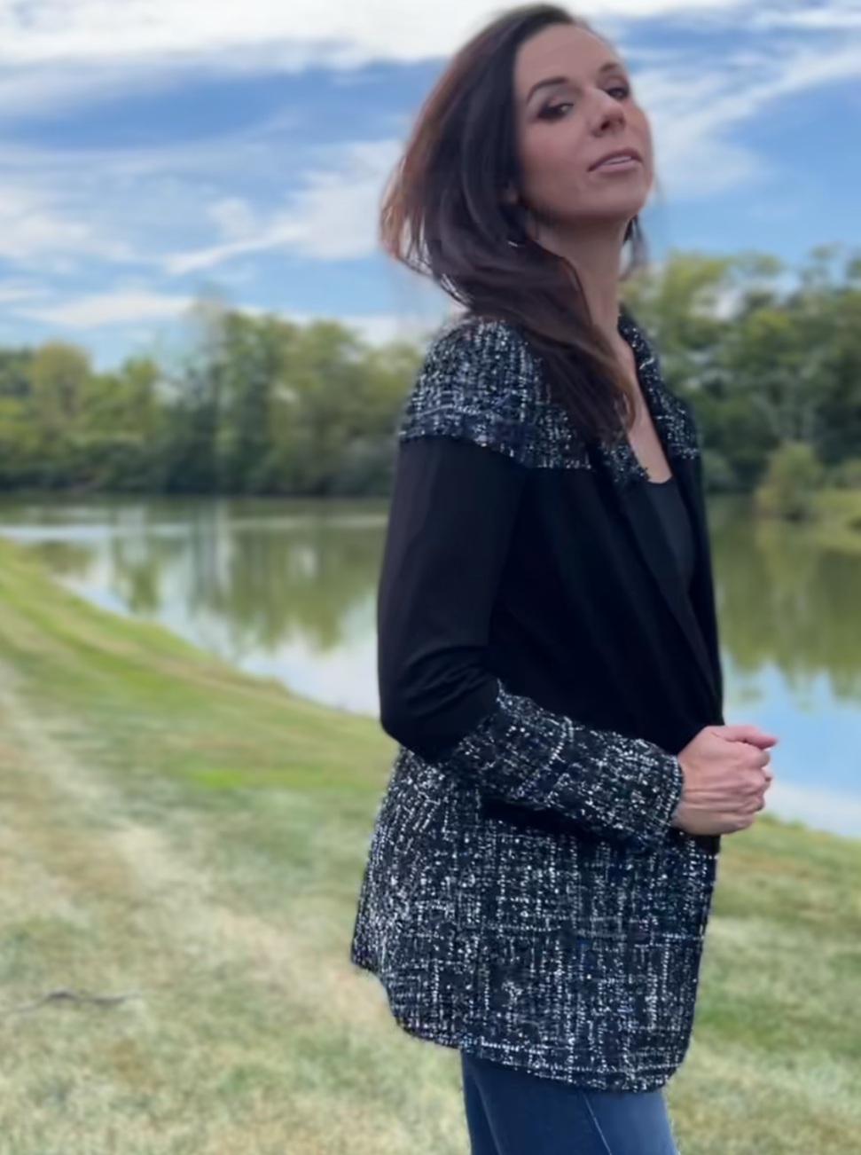 Blazer Tweed Ponte Sandwich Jacket (Black)