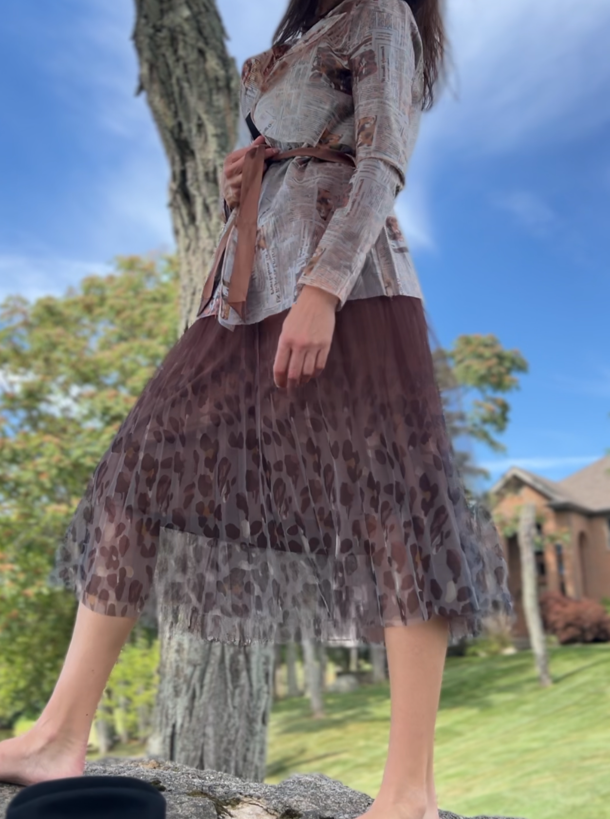Fairy pleating mesh Skirt with Leopard print hem (Brown)