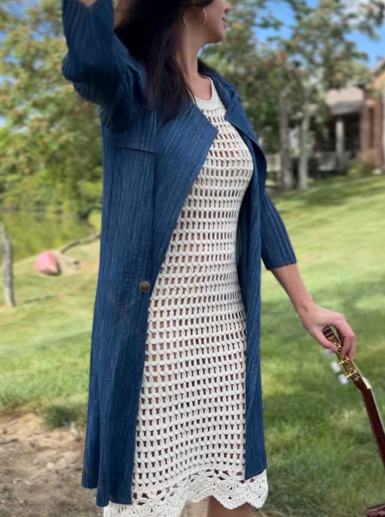 Denim Look Pleating Long Jacket