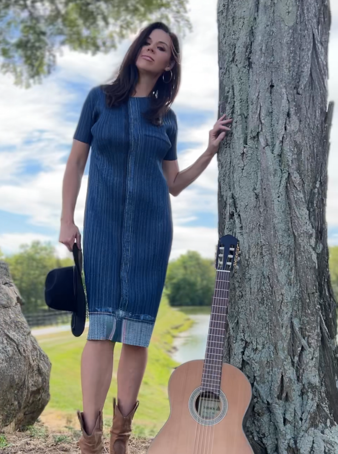 Denim Look Pleating Casual Short Sleeve Dress