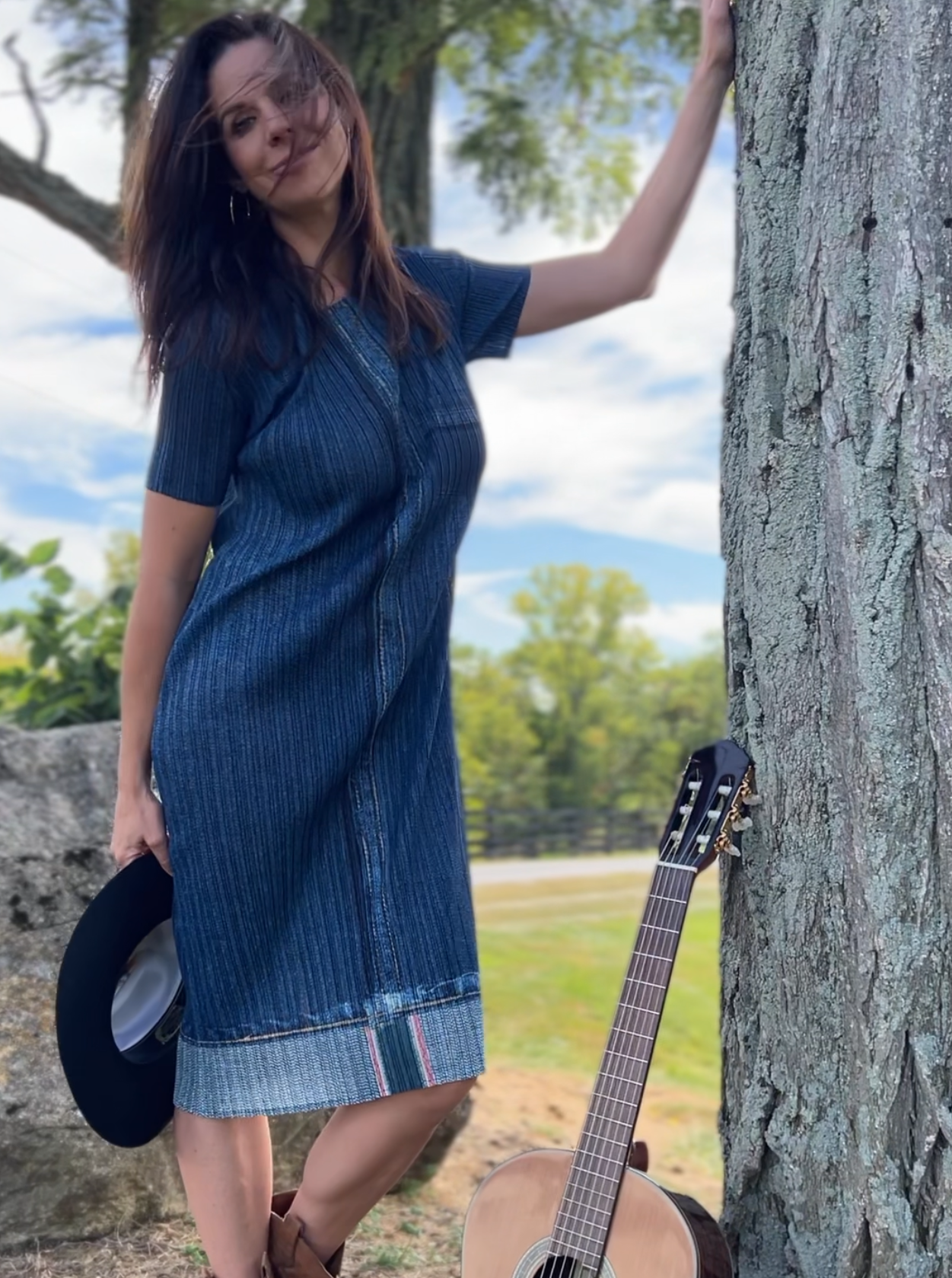 Denim Look Pleating Casual Short Sleeve Dress