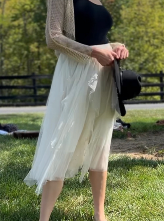 Fairy pleating mesh Skirt with Pearls (Cream)