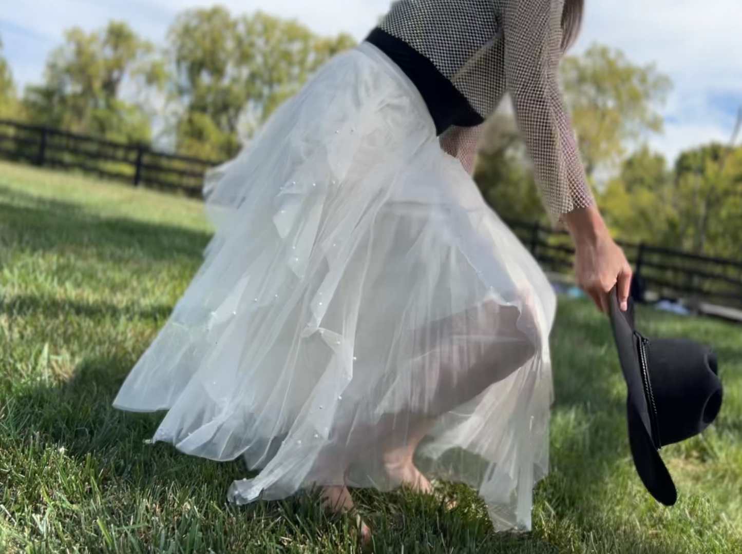 Fairy pleating mesh Skirt with Pearls (Cream)