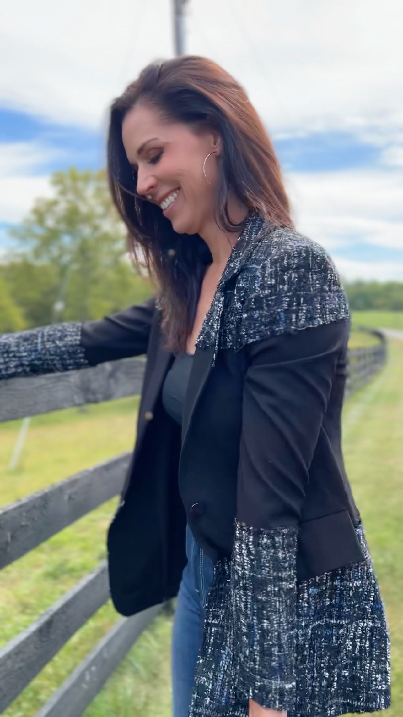 Blazer Tweed Ponte Sandwich Jacket (Black)
