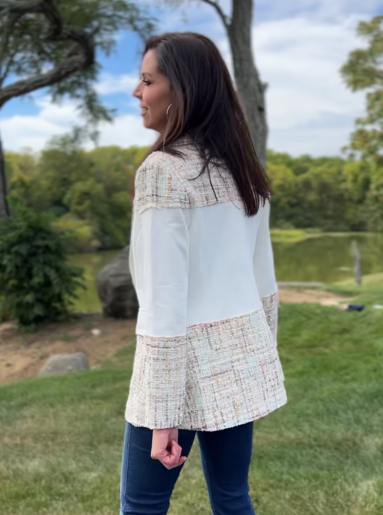 Blazer Tweed Ponte Sandwich Jacket (Cream)
