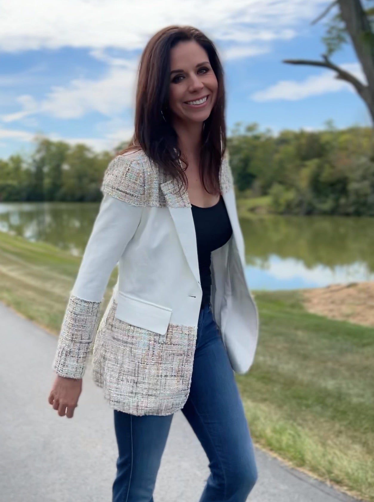 Blazer Tweed Ponte Sandwich Jacket (Cream)