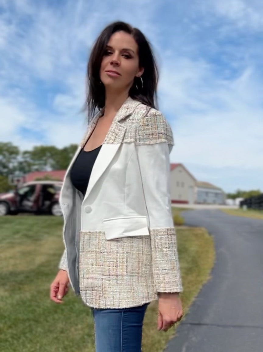 Blazer Tweed Ponte Sandwich Jacket (Cream)