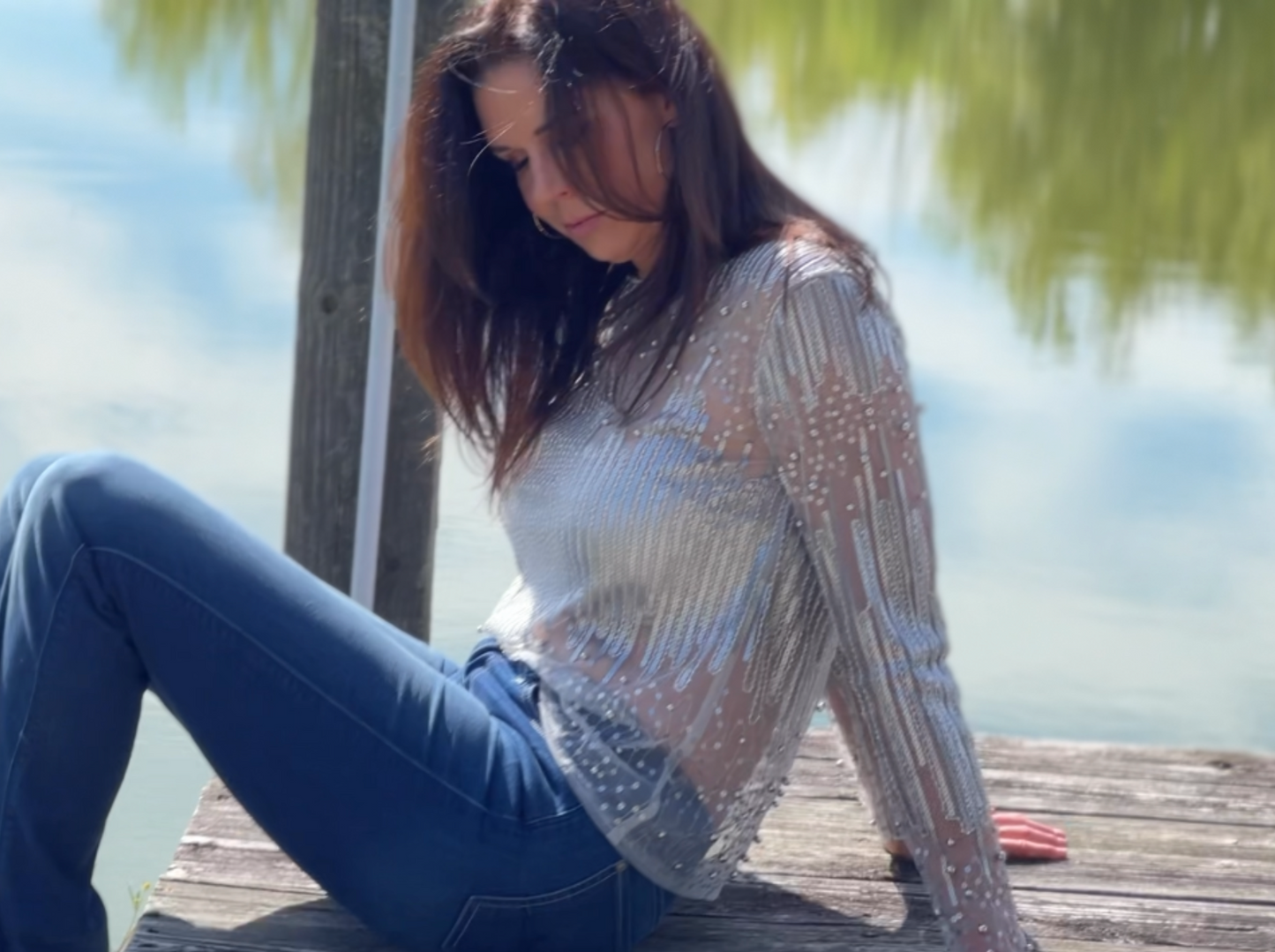 Beads&sequin embroidered on mesh long sleeve blouse (Silver)