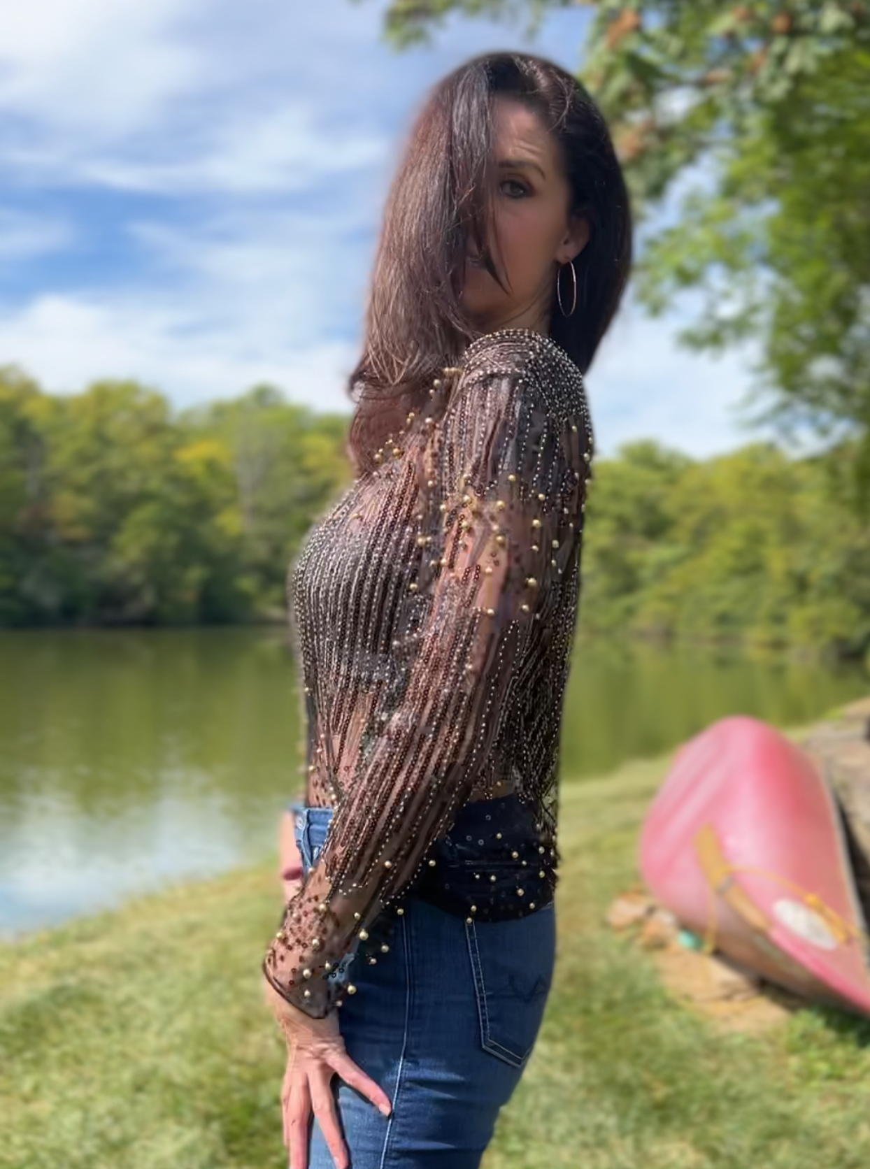 Beads&sequin embroidered on mesh long sleeve blouse (Black/Gold)