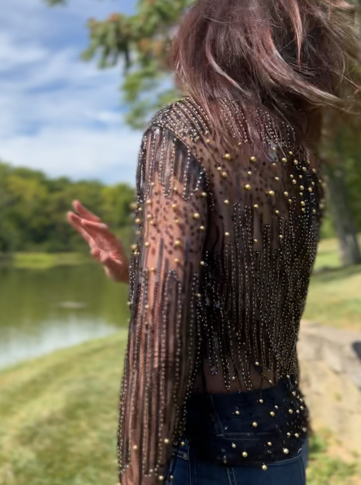 Beads&sequin embroidered on mesh long sleeve blouse (Black/Gold)