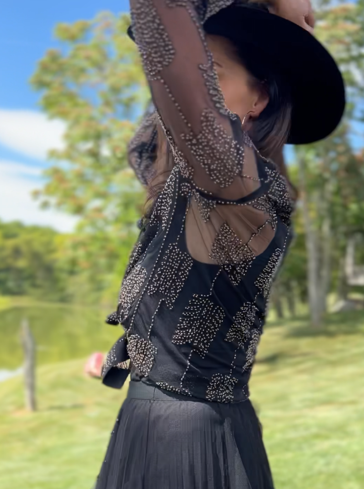 Beads embroidered on mesh long sleeve blouse Shirt (Black/Gold)