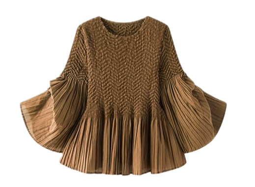 Pleated blouse top with flared sleeves & sweep (Mocha)