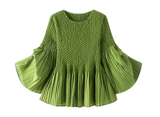 Pleated blouse top with flared sleeves & sweep (Green)