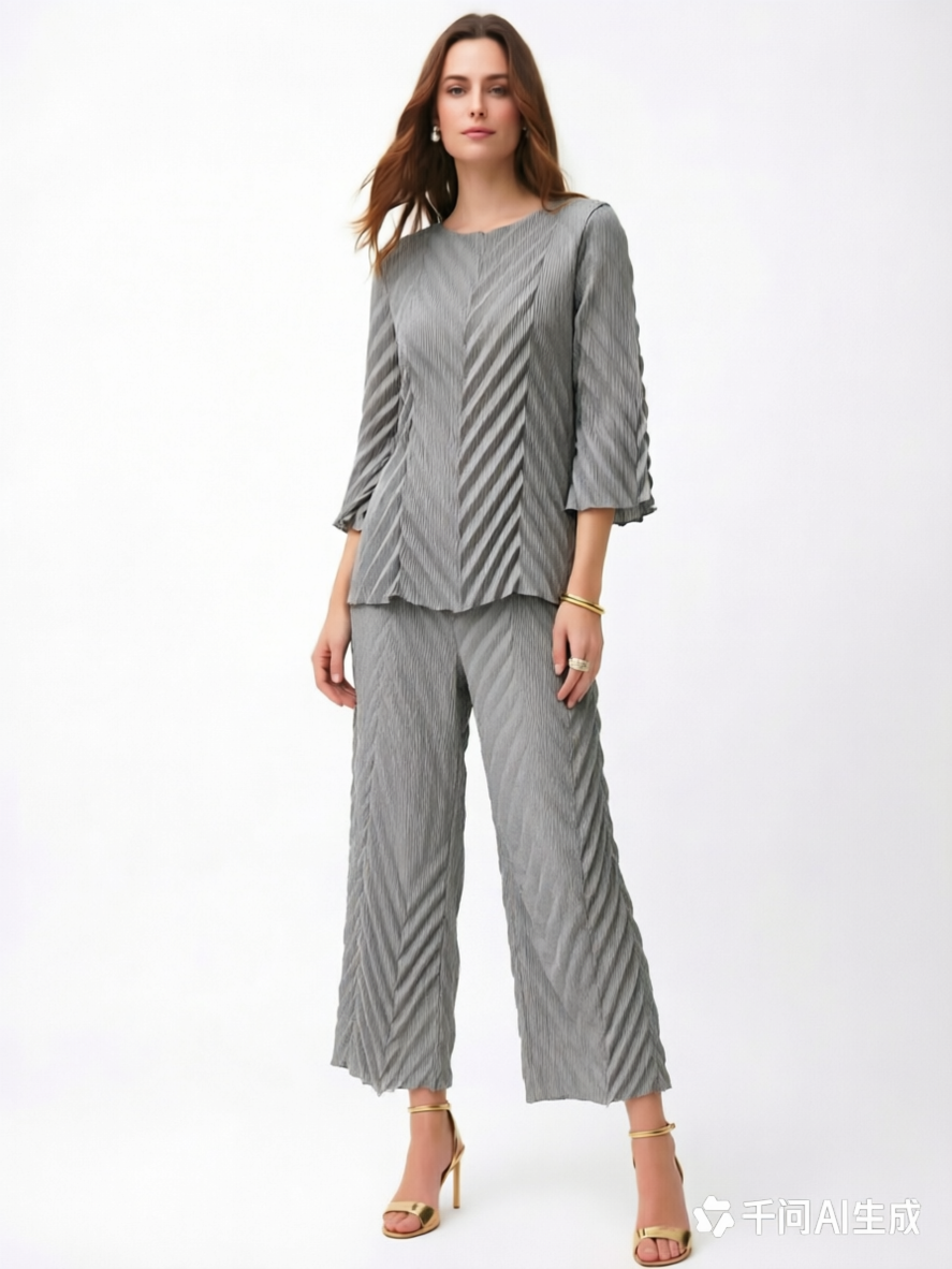Pleating Bell Sleeves Top- Chevron Flow- Grey