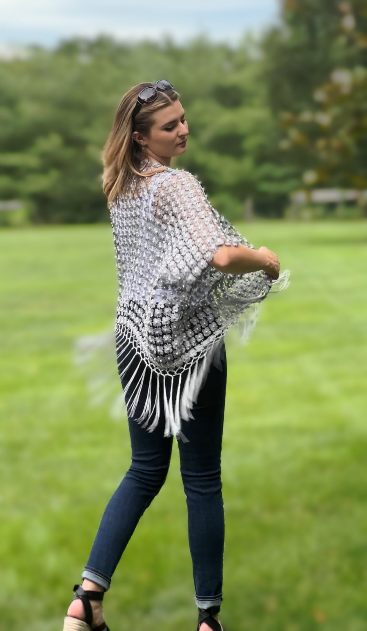 Lace coverup with all over Pearls attached and fringes (White)